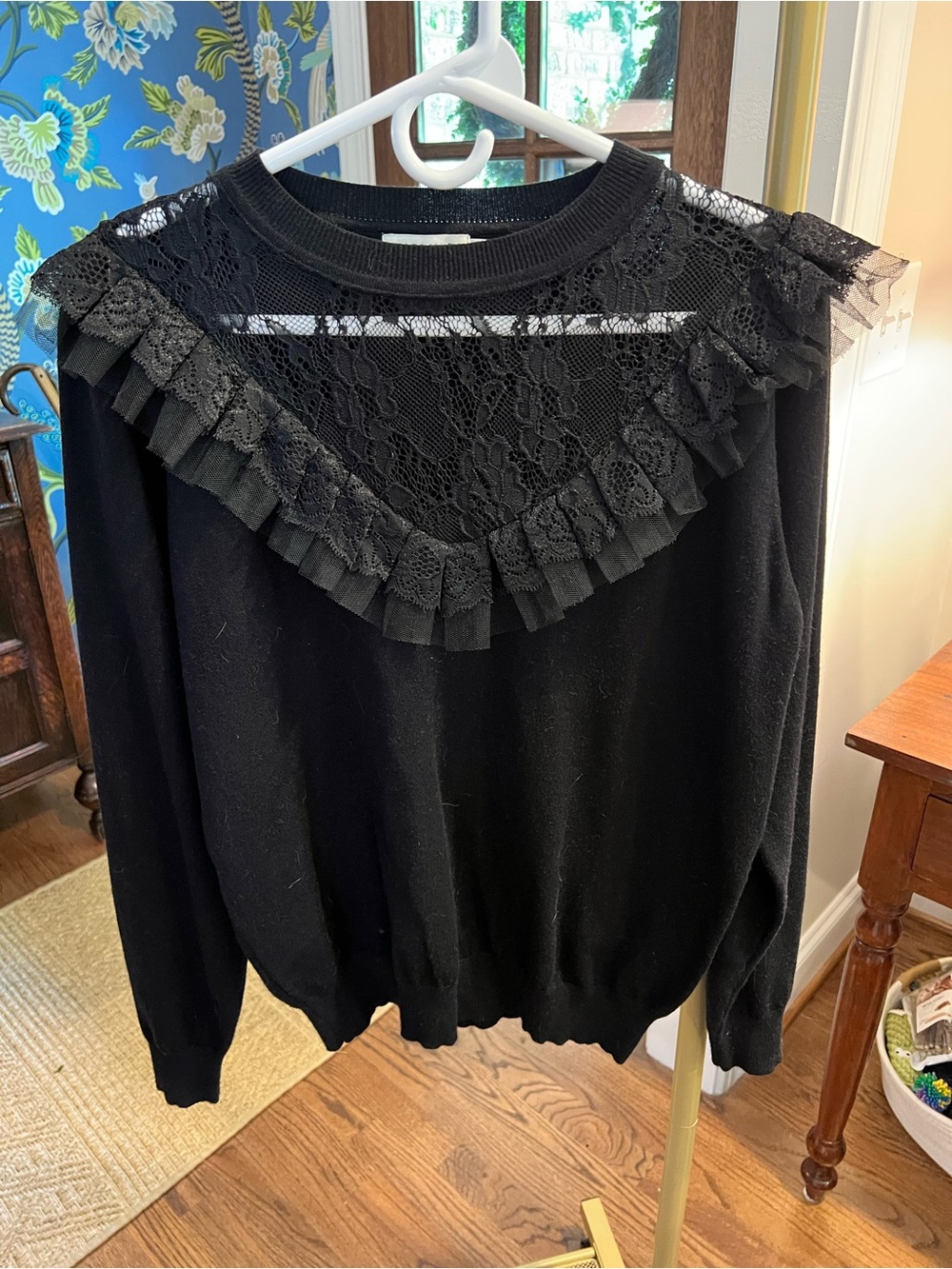 Molly Bracken Black Lace-Trim Crewneck Sweater